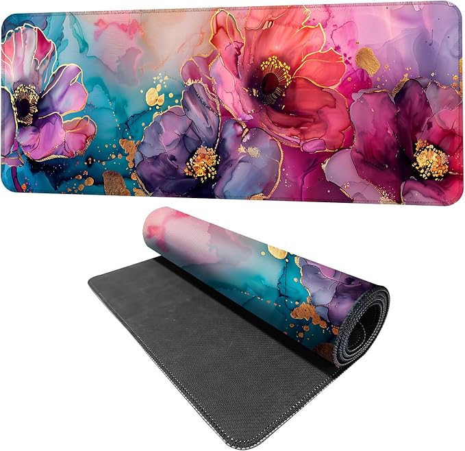 Floral Mouse Pad XXL – Large Desk Mat with Abstract Alcohol Ink Flowers in Pink, Purple & Teal, Extended Mousepad with Non-Slip Base for Office, Workstation, Gifts,31.5 x 11.8 in