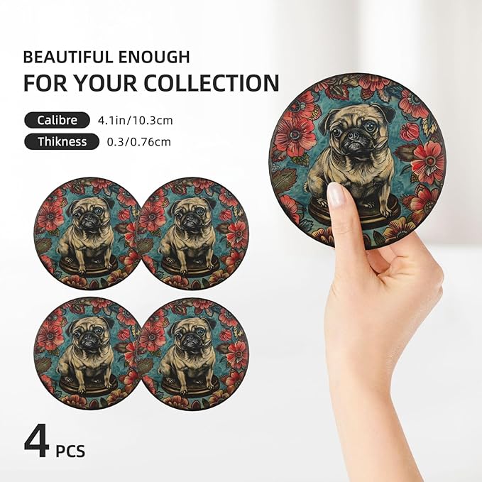 Pug Ceramic Drink Coasters Absorbent Set of 4 with Cork Bottom Bar Table Cupholder Coasters for Dog Mom Dad Lover Bedroom Patio Dining Glass Wooden Coffee Table Kitchen Office Desk