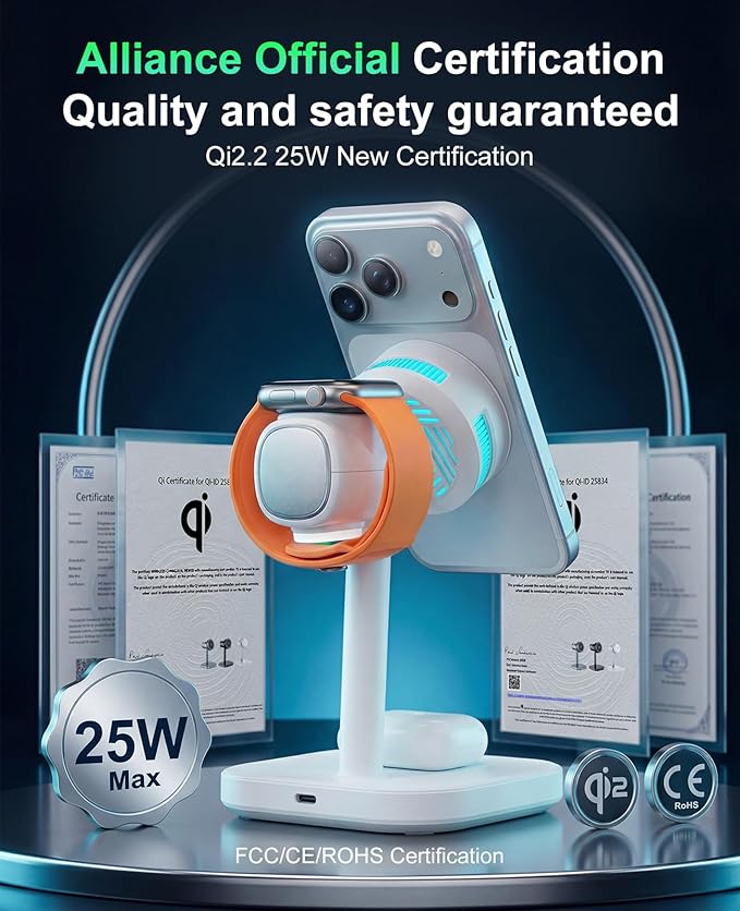2026 New 25W Qi2.2 4-in-1 Charging Station with TEC Active Cooling and Night Light,Magnetic Fast Wireless Charger Stand for MagSafe Charger,iPhone17/16/15/14/13/12,Apple Watch,AirPods|Adapter Included