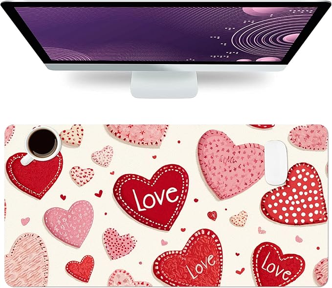 Valentine Desk Mat, Cute Love Heart Large Mouse Pad for Desktop, PU Leather Waterproof Desk Pad, Computer PC Laptop Protector Gaming Mouse Pads Valentine's Day Gifts for Her Him (23.6" x 11.8")