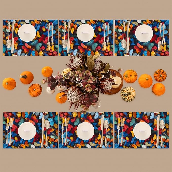 Placemats Set of 4 Heat-Resistant Rectangle Place Mats Vintage Art Butterfly Washable Plastic PVC Dining Table Mat Non-Slip Wipeable Woven Vinyl Placemat for Kitchen Patio Table Decor