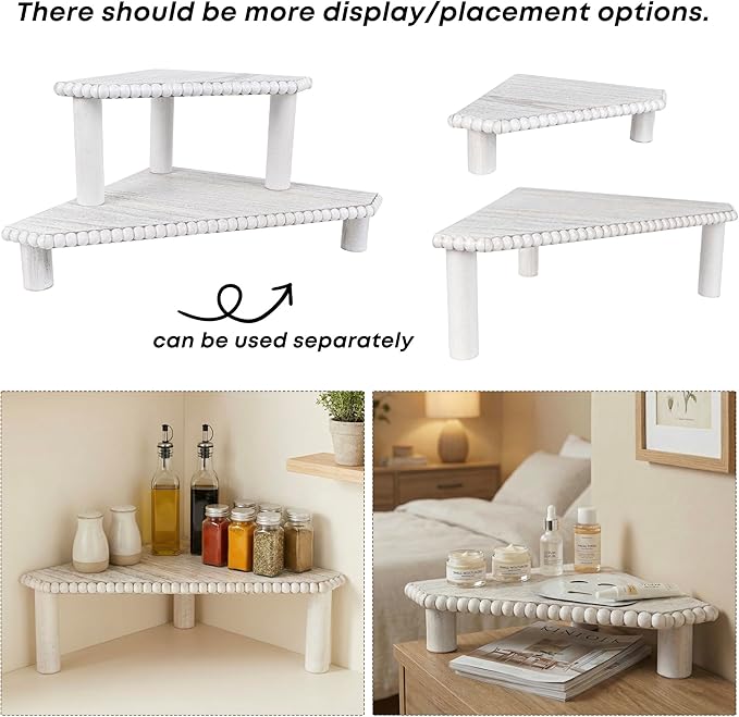 2-Tier Rustic Corner Shelf for Kitchen Counter,Wood Beaded Farmhouse Countertop Organizer with Removable Feet, Stackable Bathroom Vanity & Coffee Bar Decorative Riser Stand(Rustic White)