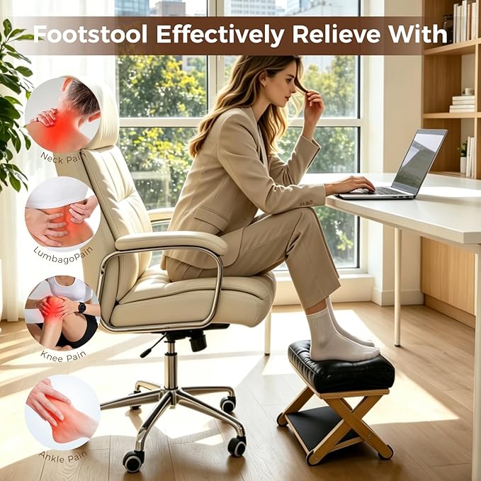Double Step Foot Rest Under Desk, Ergonomic Foot Stool with Cushioned Top & Non-Slip Surface, Wooden Under Desk Footrest for Work, Office Chair, Home & Gaming
