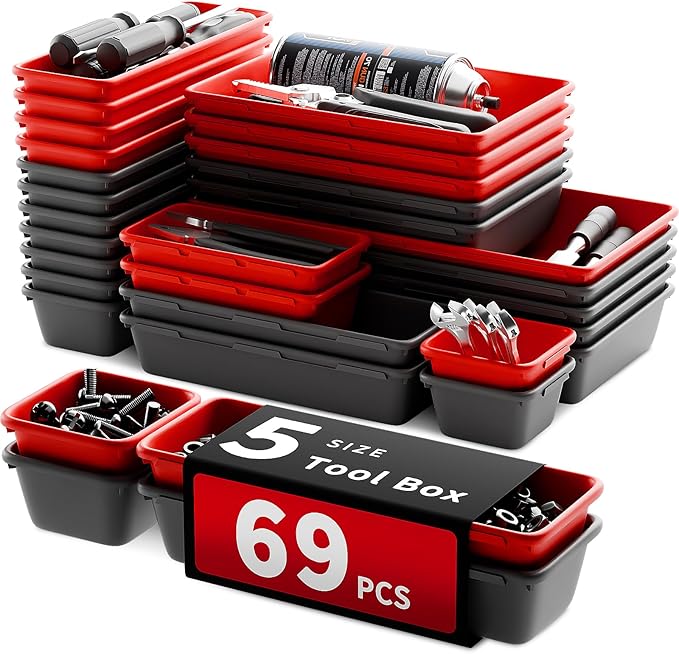 [5 Sizes] [69 PCS] Tool Drawer Organizer, Desk Tray, Rolling Chest, Toolbox (Black+Red)