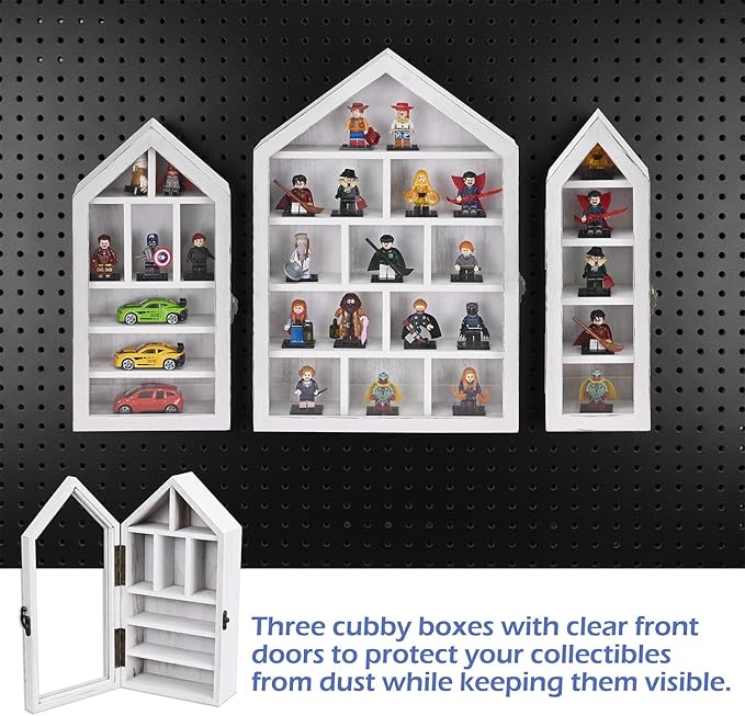Ikee Design 3 Pcs Set Wall-Mounted House-Shaped Wooden Shadow Cubby Box Display Shelf with Door Storage Display Case for Collectibles, Trinkets, Mini Figures, Antique White, 21.1W x 3.1D x 14.8H in
