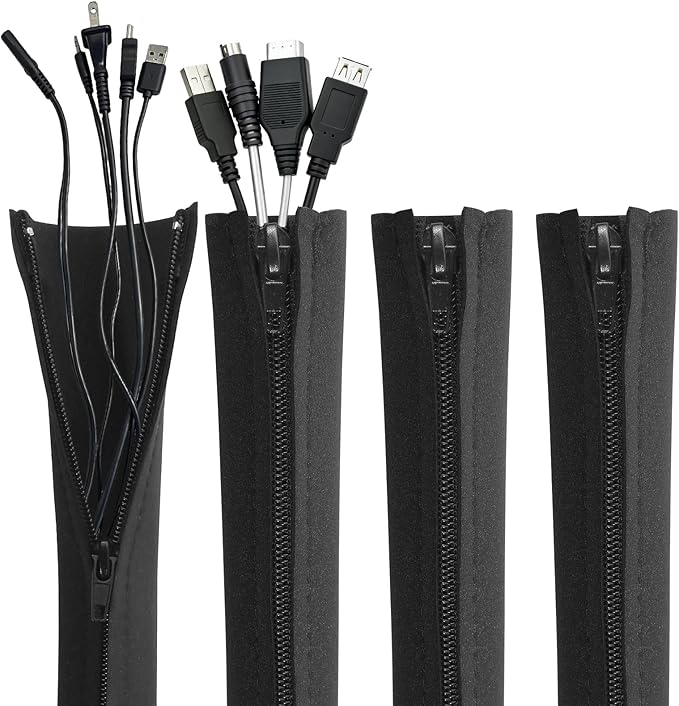4 Pack Cable Sleeves, 20 inch Neoprene Cable Management Sleeves with Recessed Zipper, tv Cord Sleeve and Cable Sleeves Cord Management for TV Computer Office Home to Hide and Cover Wire