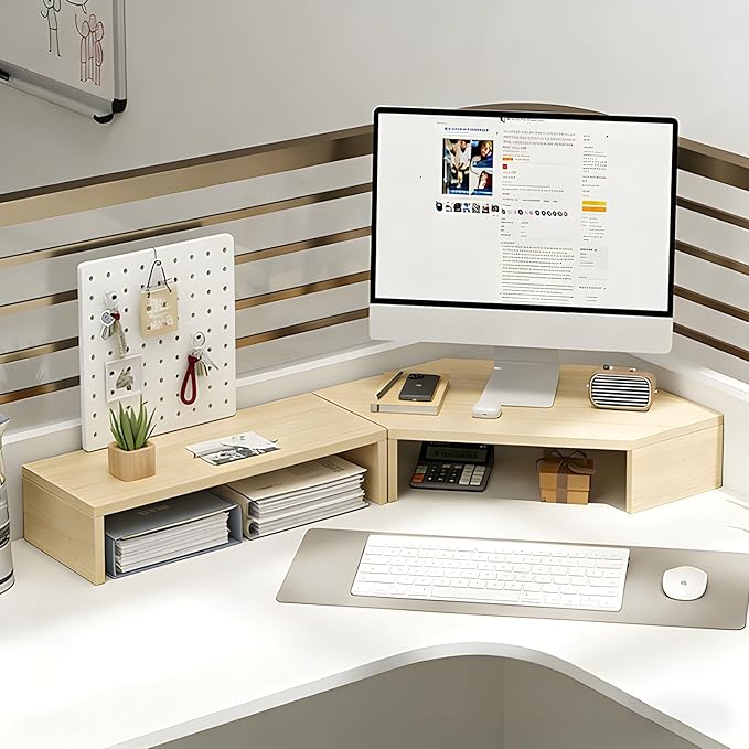 Corner Monitor Stand with Storage Space Triangle Riser Combo Desktop Corner Shelf with Cup Holder Pegboard Office Desk Accessories and Organizer for Office & Home,Natural,Single Layer