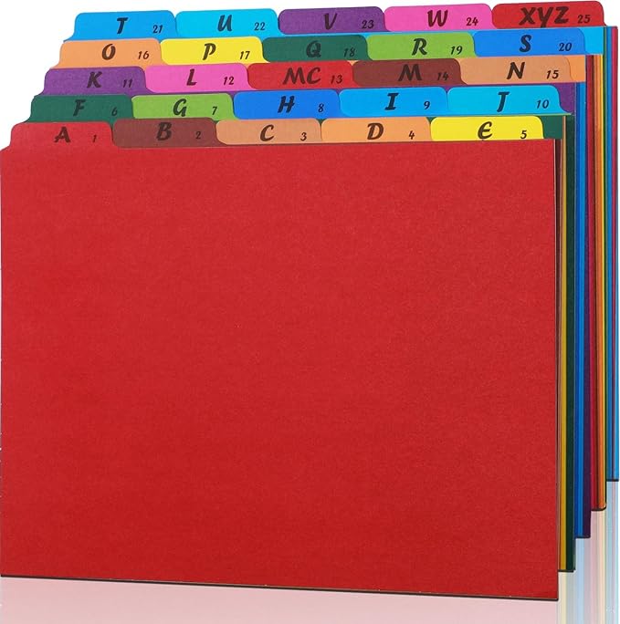 1 Set 25 Alphabet File Dividers A-Z Top Tab File Guides Letter Size 1/5 Cut Tab Manila Alphabetical File Organizer File Cabinet Dividers for Work Office Home School and Desk Organizer (Rainbow)