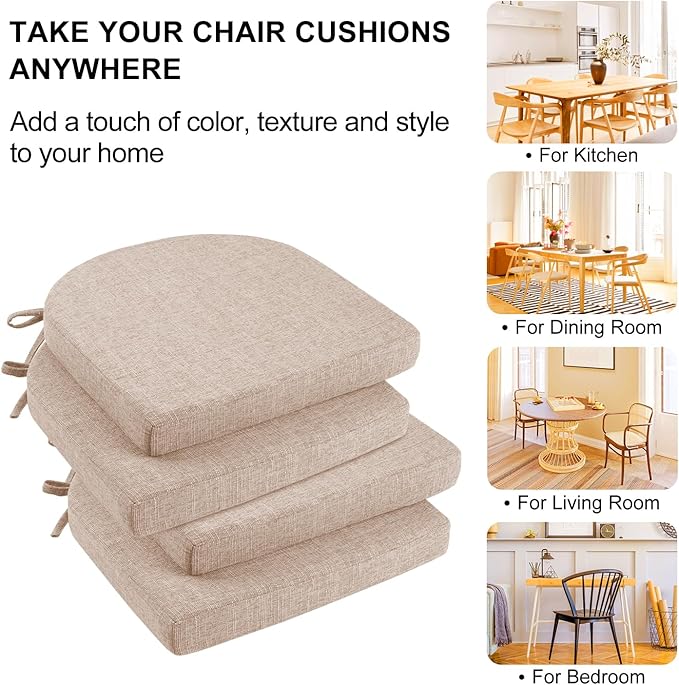 Wellsin Chair Cushions for Dining Chairs 4 Pack - Kitchen Chair Cushions with Ties and Non-Slip Backing - Dining Chair Pads 16"X16"X2", Oatmeal Beige