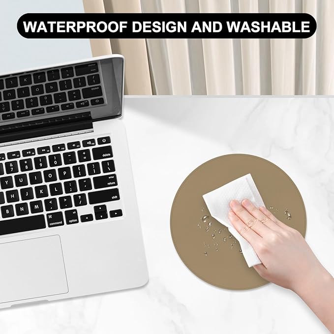 Leather Mouse Pad, Office Mouse Mat Non-Slip Rubber Base Stitched Edge Washable Waterproof Round Mousepad for Office Gaming PC Laptop, Round Diameter 8.7 inches, Apricot