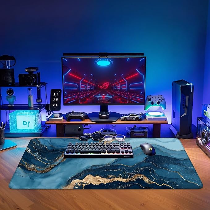 Gold & Blue Geometric Waves Extended Gaming Mouse Pad 35.4 x 15.7 Inch – Stylish Desk Mat for Gaming, Office, and Study, with Non-Slip Rubber Base