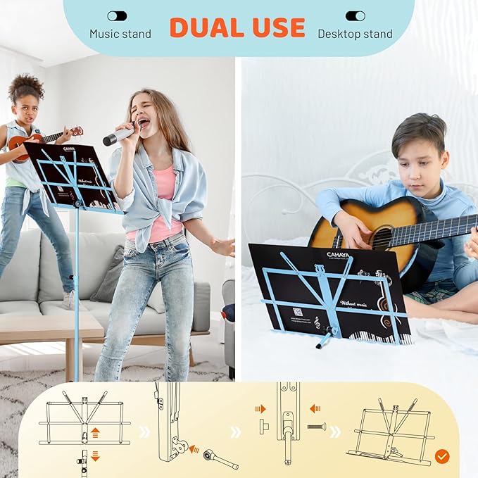 CAHAYA Portable Sheet Music Stand: Dual Use Desktop Book Holder Folding Lightweight Extra Stable Reinforced with Carrying Bag and Clip for Students Musicians Height Adjustable up to 54.3" CMS0204BL