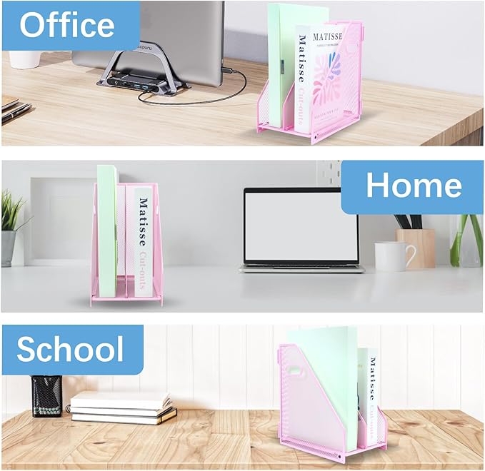 Desk Organizers Metal Magazine File Holder Racks Desktop Folder Storage Binder Organiser Document Organization for Home Office & Classroom,2 Vertical Compartments-Pink