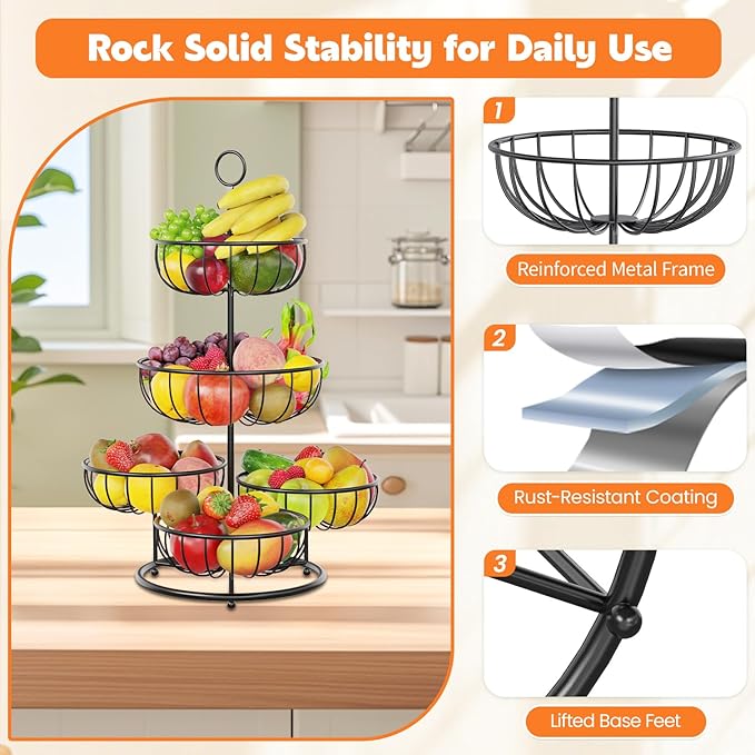 PouHenier.jh 5 Tier Fruit Basket Stand for Counter, Kitchen Tall Tiered Fruit Bowl Organizer for Dining Table Countertop, Multi Level Fresh Produce and Vegetable Holder Rack, Sturdy Metal Wire, Black