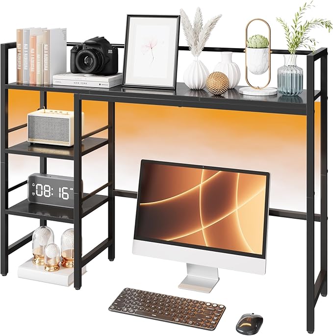 HavenlyYouth Desk Shelf with LED Light Strip, 3-Tier Storage Desktop Organizer Shelf, 38.6" Wood Desktop Bookshelf for Computer Monitor, Desk Hutch for Home Office Dorm, Black