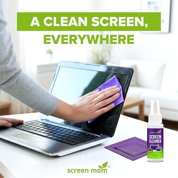 Screen Cleaner Spray and 2 Microfiber Cloths - 2oz Bottle by Screen Mom-Screen Cleaner Spray and Wipe for TV, Computer, Phone, iPad, Car Screen Cleaning Kit Electronic Cleaner Spray