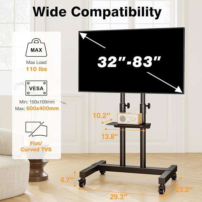 TAVR Furniture Mobile TV Stand Rolling TV Cart Floor Stand with Mount on Lockable Wheels Height Adjustable for 32-83 Inch TV Stand Flat Screen or Curved TVs Monitors Display Trolley Loading 110 lbs