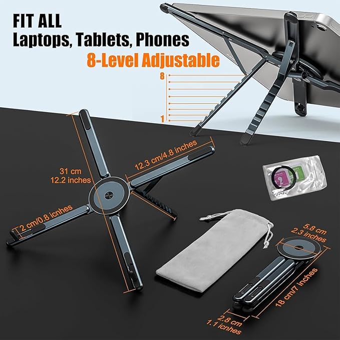 Magnetic Laptop Stand, 3-in-1 Portable Foldable Laptop Riser with Magnetic Phone Holder, Aluminum Adjustable Ergonomic Mount for Desk - Travel Stand Fits 10-16" MacBook Pro Air, iPad, iPhone