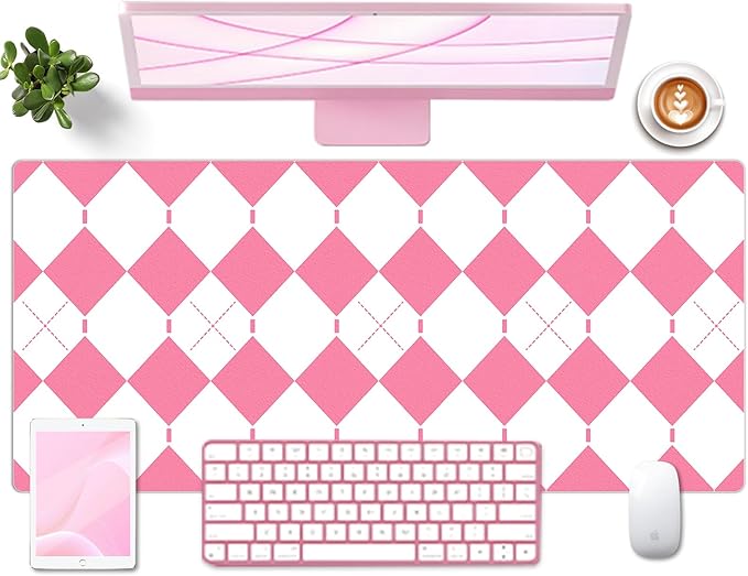 Non-Slip Checkered Desk Pad, PU Leather Computer Laptop Desk Mat, Waterproof Mouse Keyboard Pad, Desktop Protector and Cover, Computer Mat Desk Protector for Home & Office (Pink, 35.4" x 15.7")