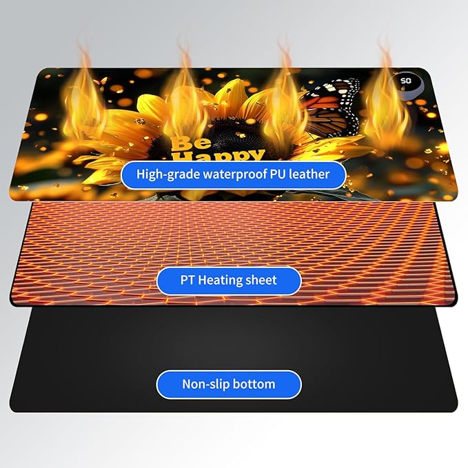 Heated Mouse Pad,Warm Desk Pad with 3 Levels Heating & 3 Hours Auto Shut-Off, PU Leather Heated Desk Pad Warmer Pad for Home Office - 23.6 x 14.2 inch,Luminous Sunflower Butterfly