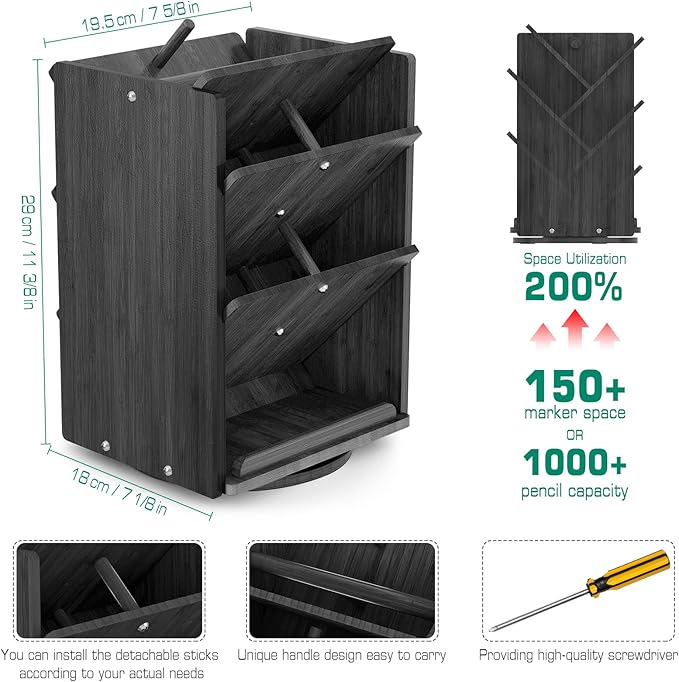 Bamboo Rotating Large Desk Organizer - Darfoo Art Supply Organizer, 13 Compartments, 1000+ Pencil Holder Capacity, Easy DIY Assembly, Spinning Desktop Organizer for Home Office Supply (Black)