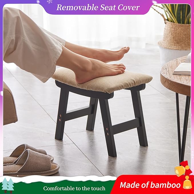 Kitsanery Foot Stool,Ottoman,Bamboo Small Sofa Foot Rest Under Desk,Extra Seating for Living Room, Bedroom and Kitchen (Black Stool Legs - Beige Surface)