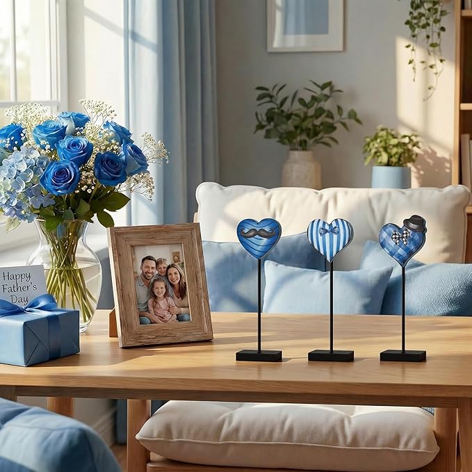 Smile Father's Day Wooden Table Decor Piece Blue Heart with Bow Tie Mustache Hat Desktop Signs Tabletop Decorations for Home Office Shelf - Gift for Dad, Husband, Grandpa