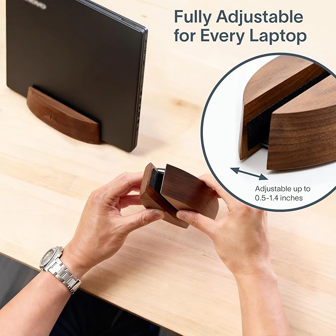 Nordik Adjustable Vertical Laptop Stand - Walnut - Premium Laptop Holder for Home Office, Software Engineers - Space Saving Desk Laptop Dock - Stable Non-Slip Wood Stand - MacBook Pro