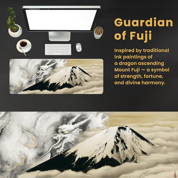 BELLEMOND Japanese Art Desk Mat | Large 31.5x11.8in Anime Mouse Pad for Keyboard & Mouse | Non-Slip Base, Water-Repellent | Original Japanese Design | Guardian of Fuji
