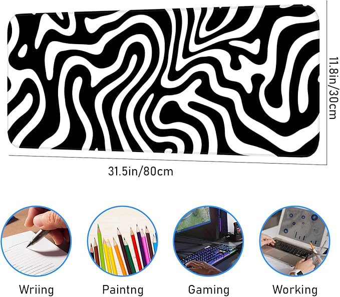 Gaming Mouse Pad, Non-Slip Rubber Bottom Stitched Edges, Suitable for Home, Office, Gaming, 31.5x11.8 Inch Large Mouse Pad, Black and White Abstract Waves