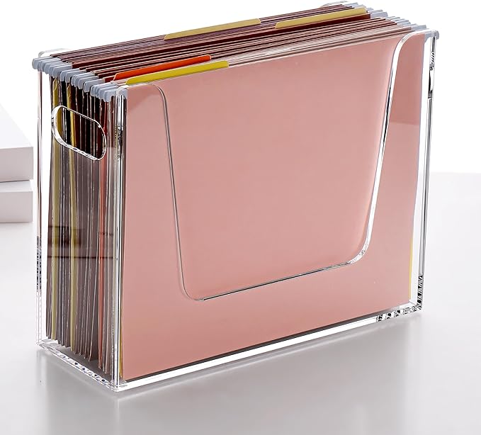 Acrylic Hanging File Organizer, Letter Size Clear File Folder Holder with Handle, Portable Storage Organizer Box for Desk Home Office (No Assembly Required)