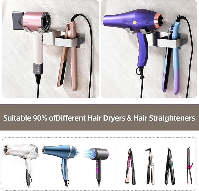 Hair Dryer and Straightener Holder, Upgraded Hair Straightener Holder with Cable Hook, Stainless Steel Universal Hair Dryer Wall Mount Waterproof for Bathroom Space-Saving Silver