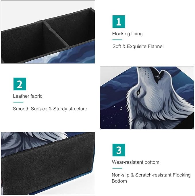 Square Brush Pot Full Moon Howling Wolf, Versatile PU Leather Pen Container for Various Uses