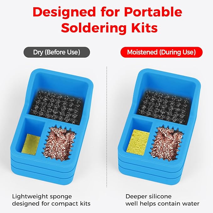 Soldering Iron Tip Cleaner Kit with Brass Wool, Sponge & Steel Brush in Blue Silicone Holder – Heat & Scratch Resistant Cleaning Tool for Soldering, Electronics Repair & DIY Projectst