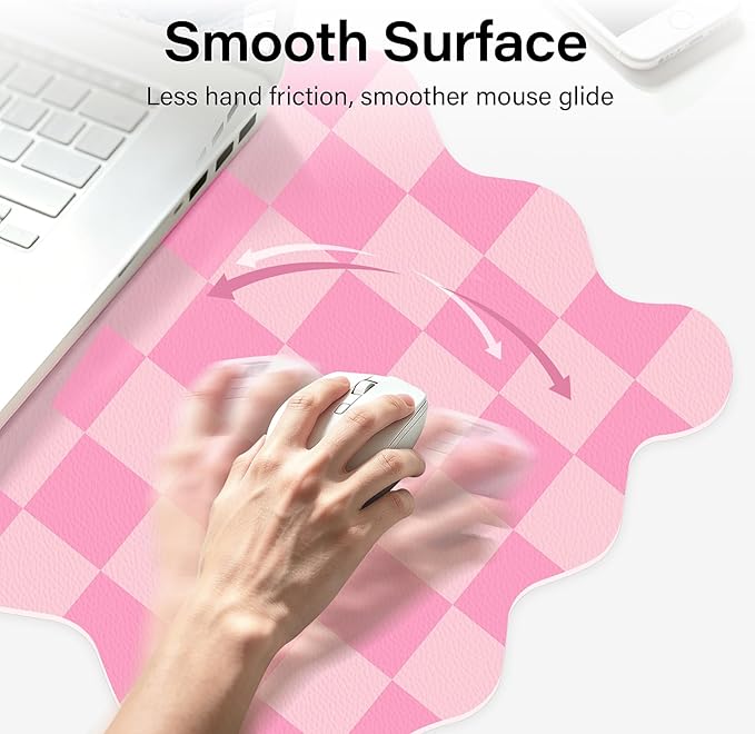 Scalloped Pink Desk Mat, 23.6" x 11.8" Waterproof Large Desk Mat, Non-Slip Computer Mouse Pad and Keyboard Mat, Pink Cute Desk Mat for Office, Work, Home, or Vanity