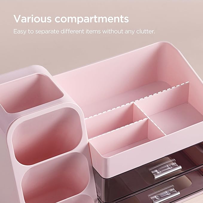 HBlife Desk Organizer with Pen Pencil Holder for Desk, Pen Organizer with 2 Drawers, Desk Organizers and Accessories with 4 Compartments, Desktop Storage for Office Home School Art Supplies, Pink