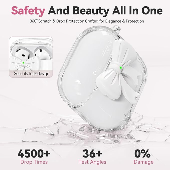 for Airpods 4 Case Pink 2024 with Safety Lock & Phone Stand, 3D Bow Clear iPod 4 Cases with Cute Keychain & Cleaning Kit, Soft TPU Cover for AirPods 4th Generation Case Girls Women (White)