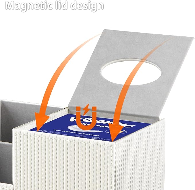 Square Tissue Box Cover with Storage, PU Leather Cube Tissue Box Holder, Remote Control Nightstand Organizer, Modern Desk Caddy for End Table, Bathroom, Bedroom, Home, Office Decor