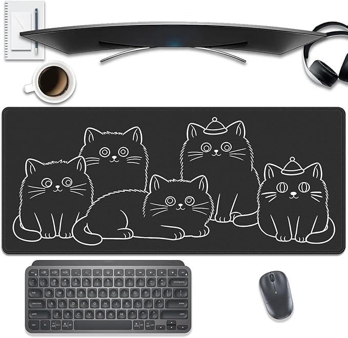 Cute Black Cat Large Mouse Pad Desk Mat, 27.5x11.8in Minimalist Line Art Kitten Extended Keyboard Mousepad with Stitched Edges,Desk Pad Non-Slip Waterproof Rubber Base for Office, Computer & Laptop