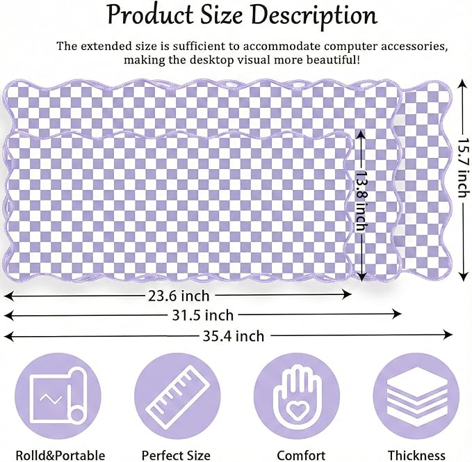 Scalloped Desk Mat Extended Large Cute Purple Mouse Pad Farmhouse Desk Pad XXL Aesthetic Plaid Mousepad Checkered Gaming Mouse Pad for Keyboard Computer Laptop Home Office Accessories Girl 35.4X15.7In