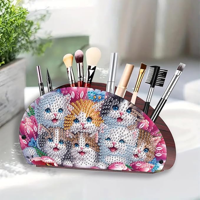 POETRYDRAW DIY Cats Diamond Art Painting Wooden Storage Box – Multi-Grid Moon Fan Makeup Brush Organizer, Double-Sided Drill Tabletop Holder for Women, Office & Home Decoration