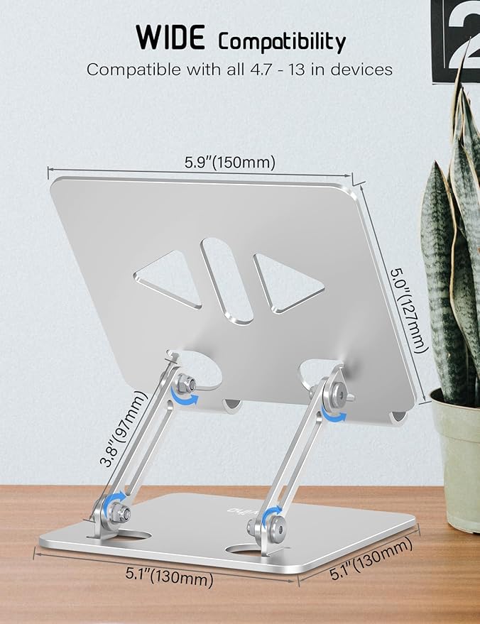 Aoviho Tablet Stand Holder for Desk, Adjustable Desktop Tablet Holder, Foldable Aluminum Tablet Mount for iPad pro 11, iPad Air Mini, Samsung Galaxy Tabs Z Fold Kindle Fire 4-12 inch, Silver
