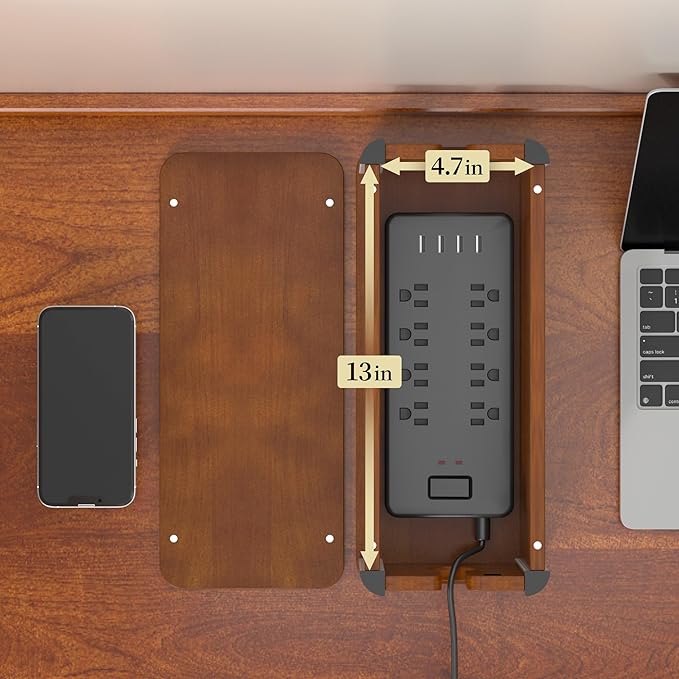 Delamu Wooden Cable Management Box, Retro-Inspired Cord Organizer Box for Home Office, Large Cord Hider Box Hides Cords and Power Strips, Floor Cord Covers, 14.3" x 6.0" x 5.5", Dark Brown