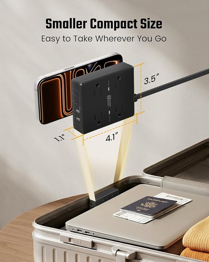 SUPERDANNY Flat Plug Power Strip Surge Protector 10 Ft Long Flat Extension Cord with 4 Outlets & 4 USB (2 USB-C) Charging Station for Home Office, College Dorm Room Essentials, Travel, Black
