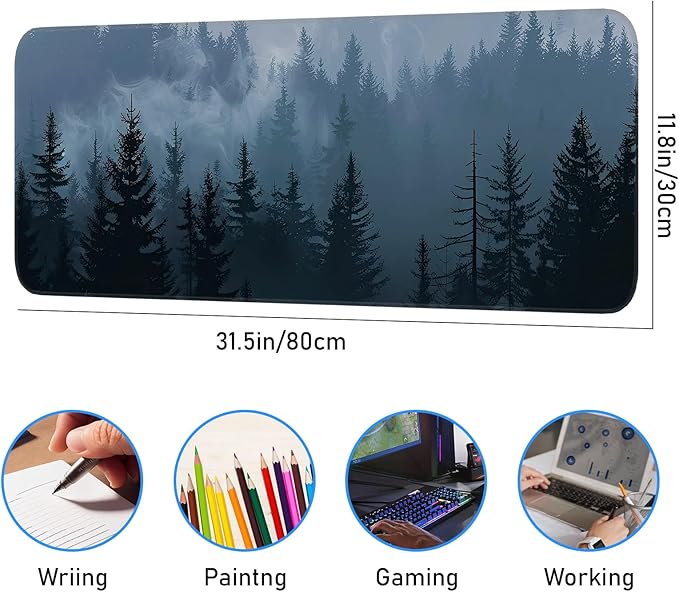 Mouse Pad, Misty Forest Pattern, Non-Slip Rubber Gaming Mouse Pad with Stitched Edges for Computer, Office, Home, 31.5 x 11.8 Inch (Forest)