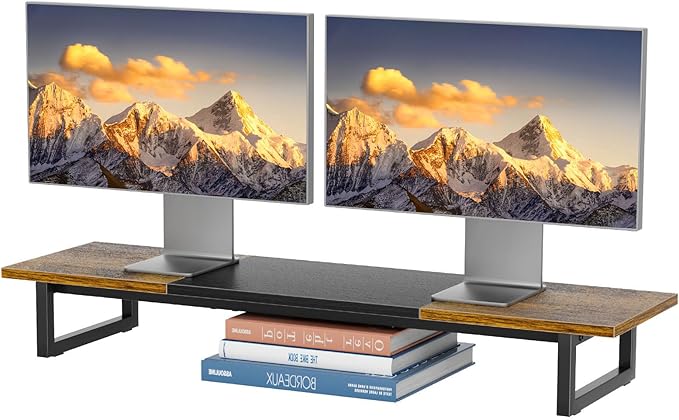 Simple Trending 38 Inch Dual Monitor Stand Riser, Wood and Steel Desk Organizer for 2 Monitors, Home Office, Rustic Brown