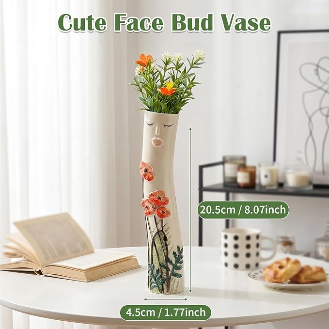 Cute Face Bud Vase, Hand Painted Resin Mini Vase, Boho Decorative Vase for Desk Shelf Living Room Decor, Unique Gift Idea for Women (Face & Orange Blooms)