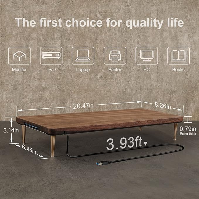 Monitor Stand with 4 USB Ports Walnut Wood Riser for iMac Laptop Computer Monitor – A Sturdy Computer Stand to Elevate Your Screen and Reduce Eye Strain and Maintain Body Position