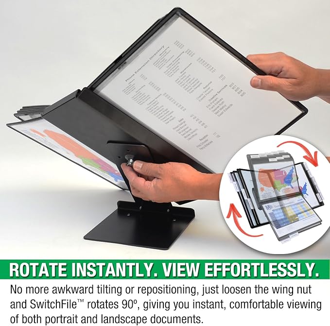 Ultimate Office SwitchFile Reference Organizer Displays Both Landscape or Portrait Documents, Desk or Wall Mount, Featuring, 10 EZ-Load Pockets to Hold 20 Sheets of Paper, Black Pockets