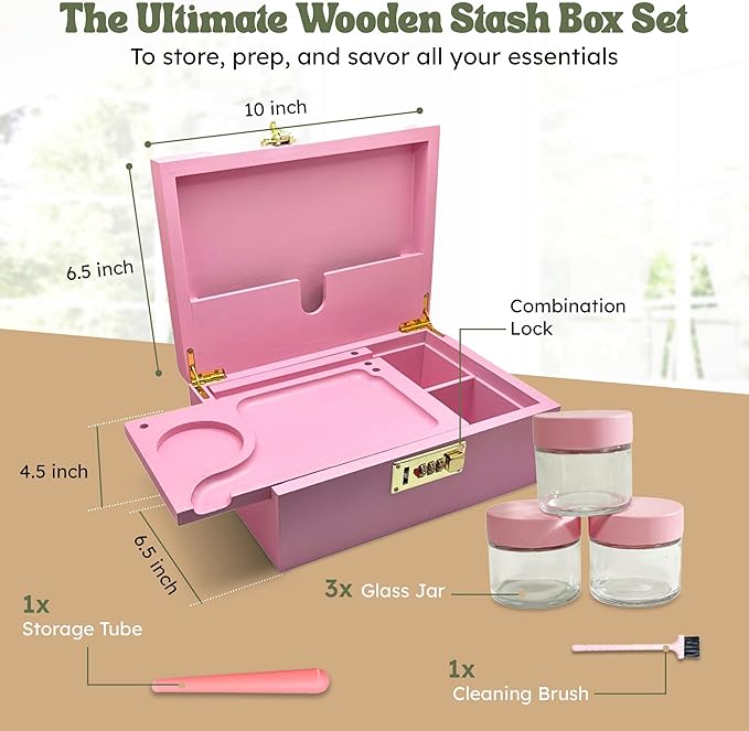 Smell Proof Stash Box with Lock & 5 Piece Accessory Kit – Pink Bamboo Organizer with Removable Tray – Large Odor Proof Storage Case for Home or Travel